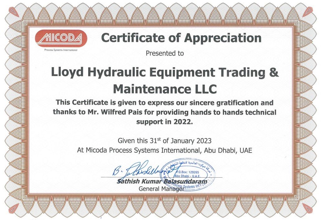 Lloyd Hydraulics certificate of proficiency